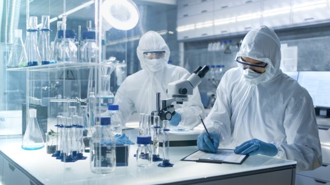 In a Secure High Level Laboratory Scientists in a Coverall Conducting a Research. Chemist Adjusts Samples in a Petri Dish with Pincers.